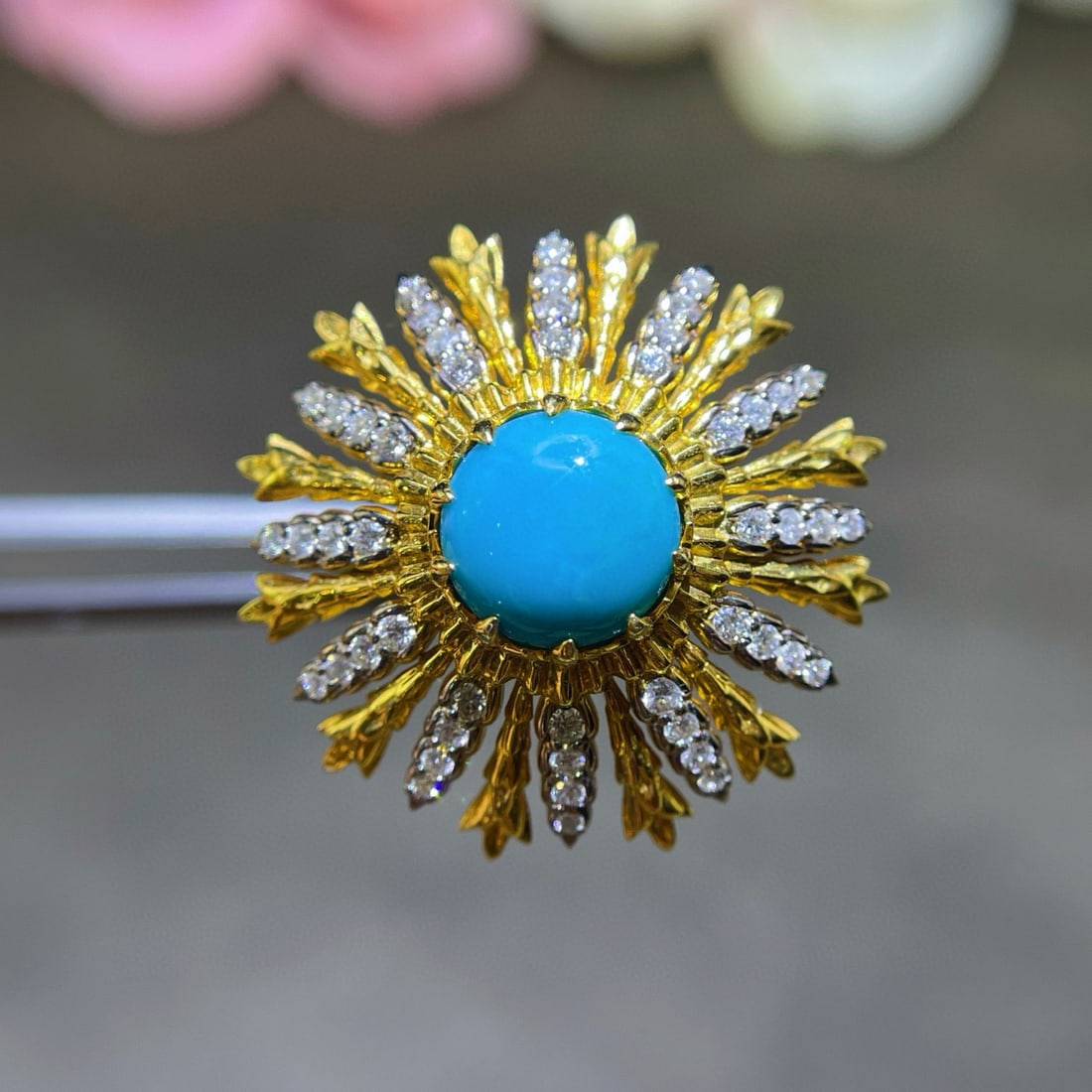 14k Gold 1.94 Ctw Natural Blue Turquoise & Diamond Ring: Ref:231139243 // gold content:14k gold // ring size:7. 25us // // main gemstone:blue turquoise // shape:round // carat weight:1. 59ct // color:blue // treatment:natural // cut grade:g // //