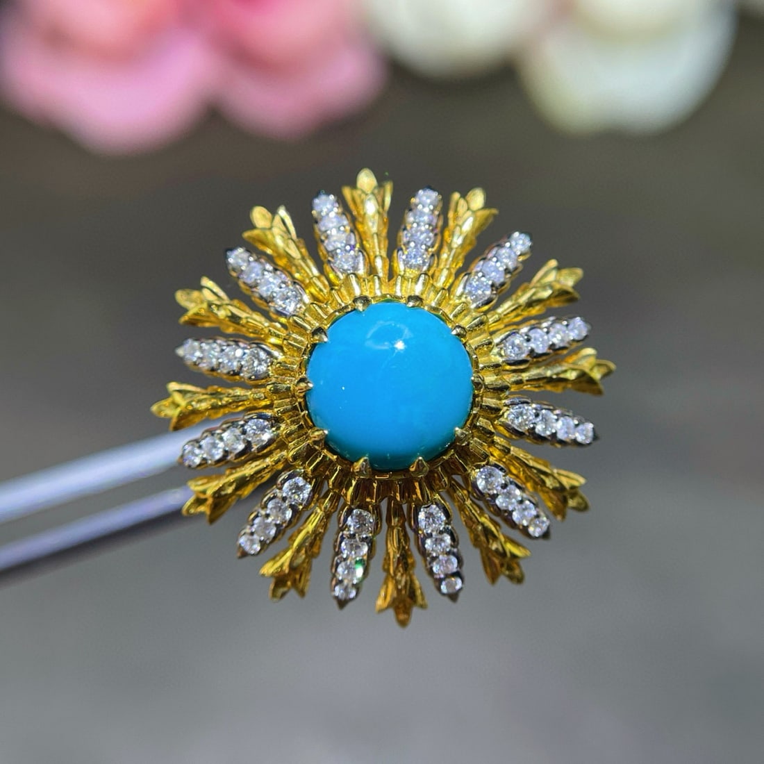 14k Gold 1.94 Ctw Natural Blue Turquoise & Diamond Ring - 2