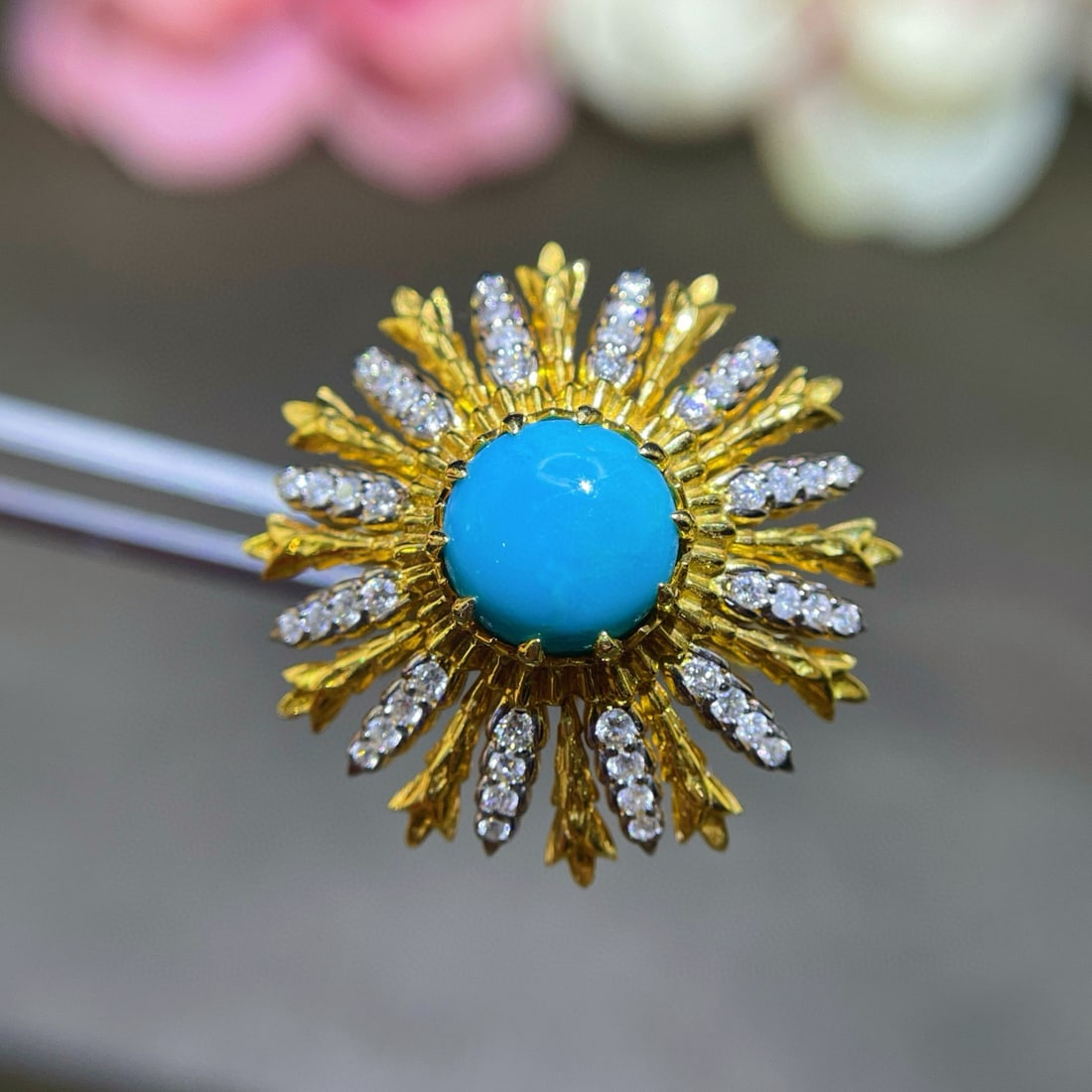 14k Gold 1.94 Ctw Natural Blue Turquoise & Diamond Ring - 3