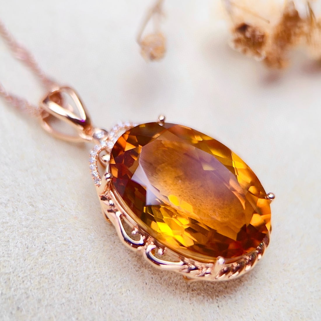 14k Gold 16.50 Ctw Natural Citrine & Diamond Pendant( Without Chain ) - 4