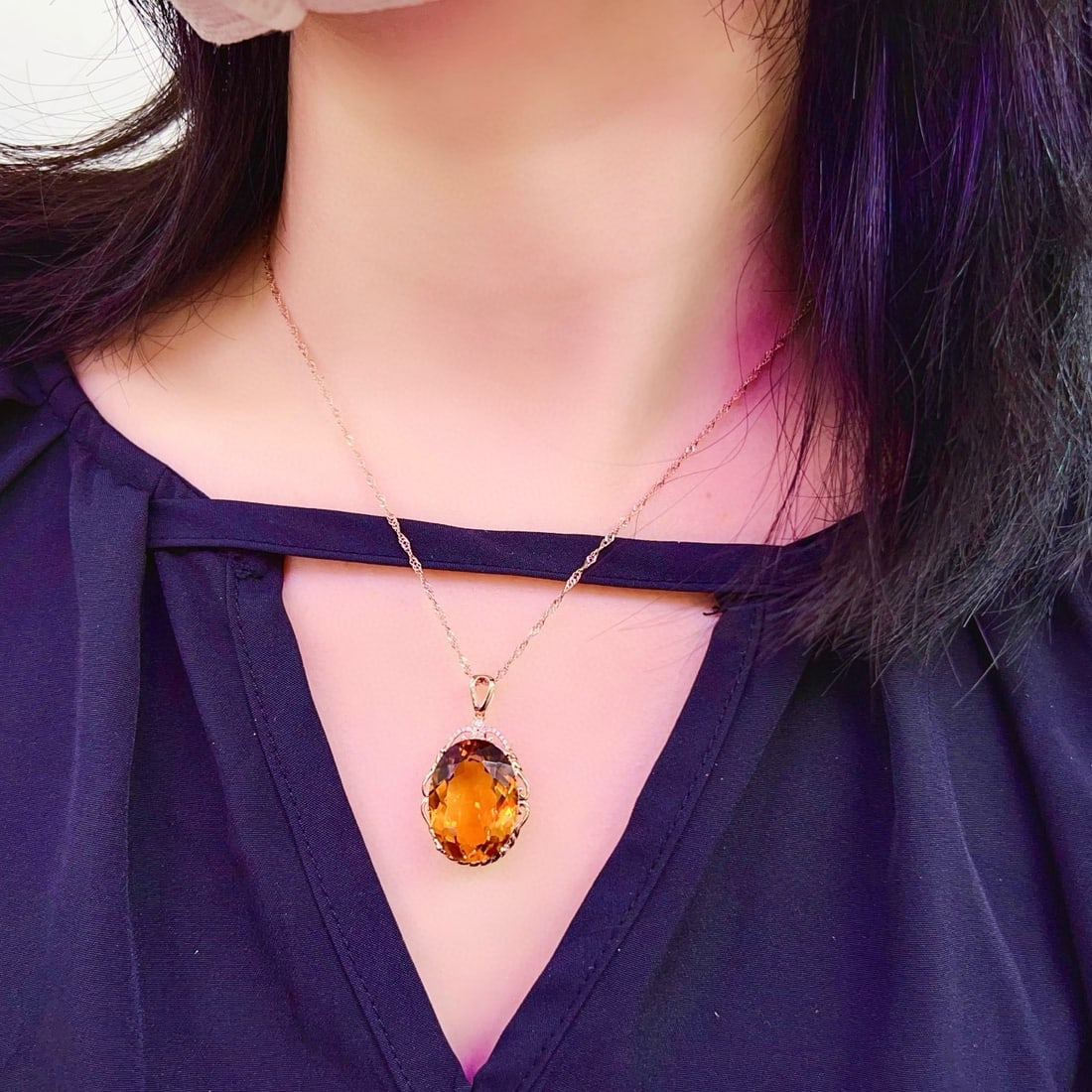 14k Gold 16.50 Ctw Natural Citrine & Diamond Pendant( Without Chain ) - 5