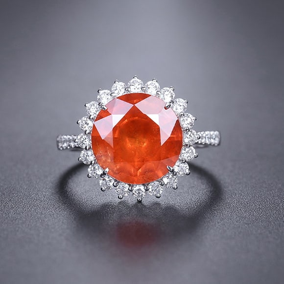 14k Gold 6.10 Ctw Natural Spessartine & Diamond Ring: Ref:231140002 // gold content:14k gold // ring size:7. 25us // // main gemstone:spessartine // shape:round // carat weight:5. 5ct // color:orange // treatment:natural // cut grade:g // // adjacent gem