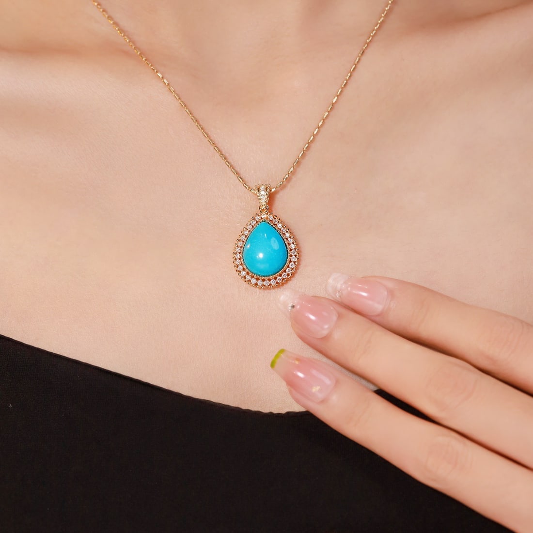 14k Gold 7.83 Ctw Natural Blue Turquoise & Diamond Pendant( Without Chain ) - 2