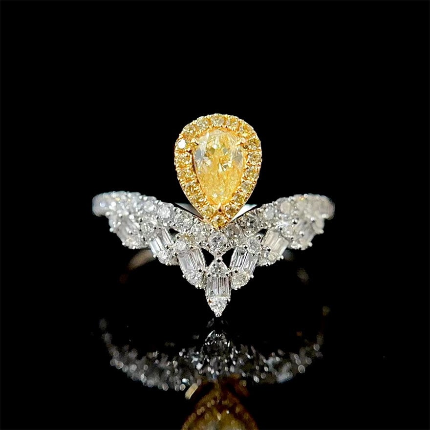 14k Gold 0.80 Ctw Natural Yellow Diamond & Diamond Ring: Ref:231140053 // gold content:14k gold // ring size:7. 25us // // main gemstone:yellow diamond // shape:pear // carat weight:0. 30ct // color:yellow // treatment:natural // // adjacent gemstone 2