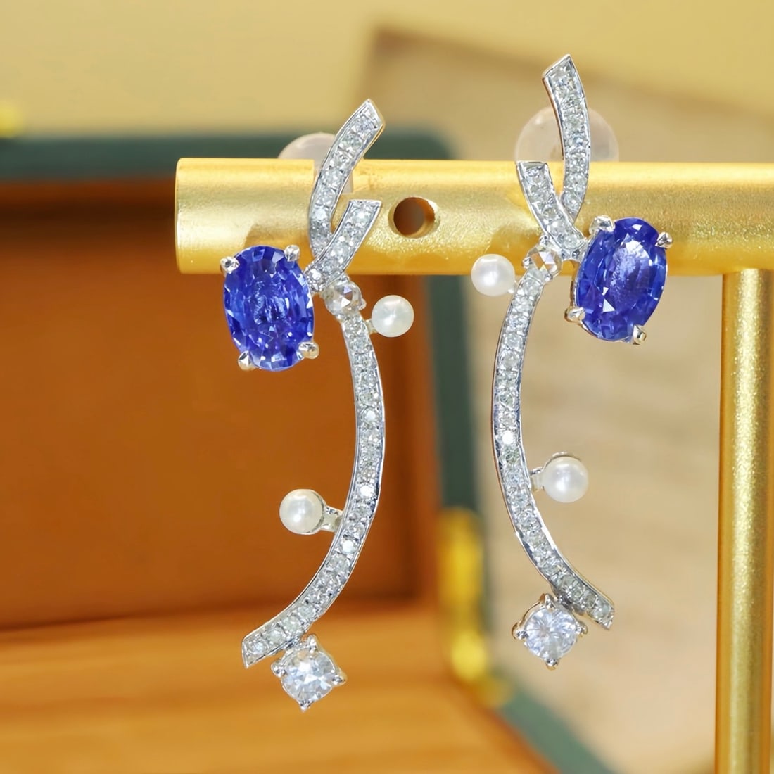 14k Gold 1.55 Ctw Natural Sapphire & Diamond Earrings - 2