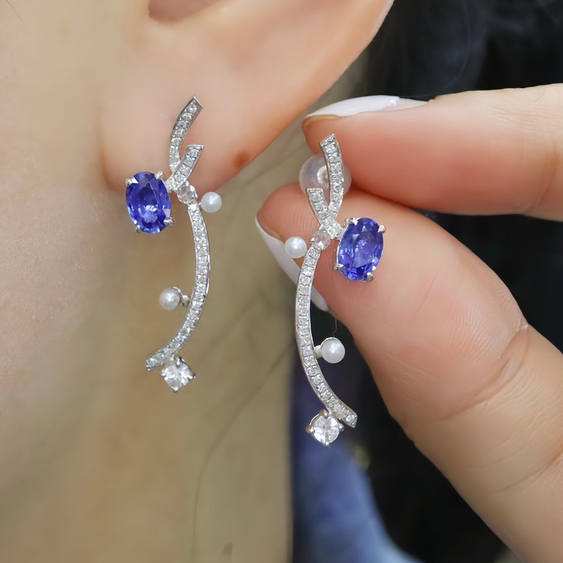 14k Gold 1.55 Ctw Natural Sapphire & Diamond Earrings - 5