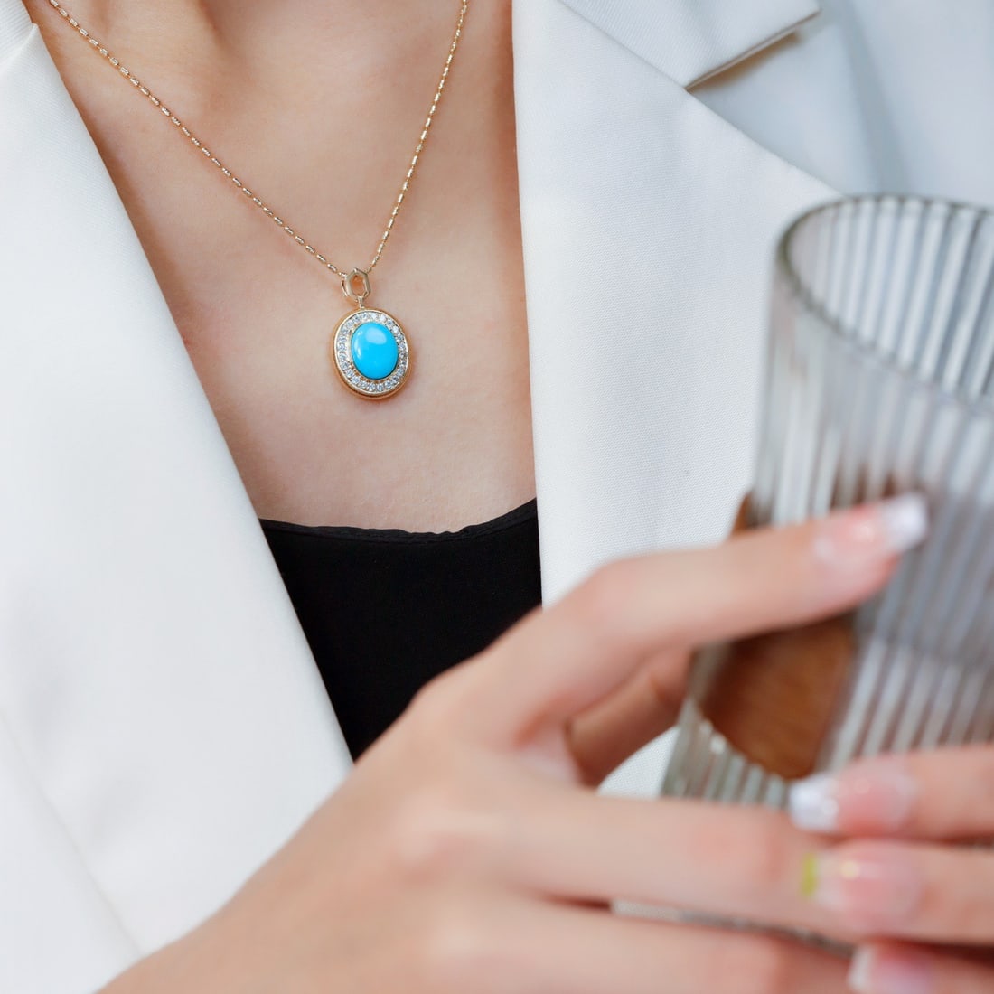 14k Gold 2.67 Ctw Natural Blue Turquoise & Diamond Pendant( Without Chain ) - 2