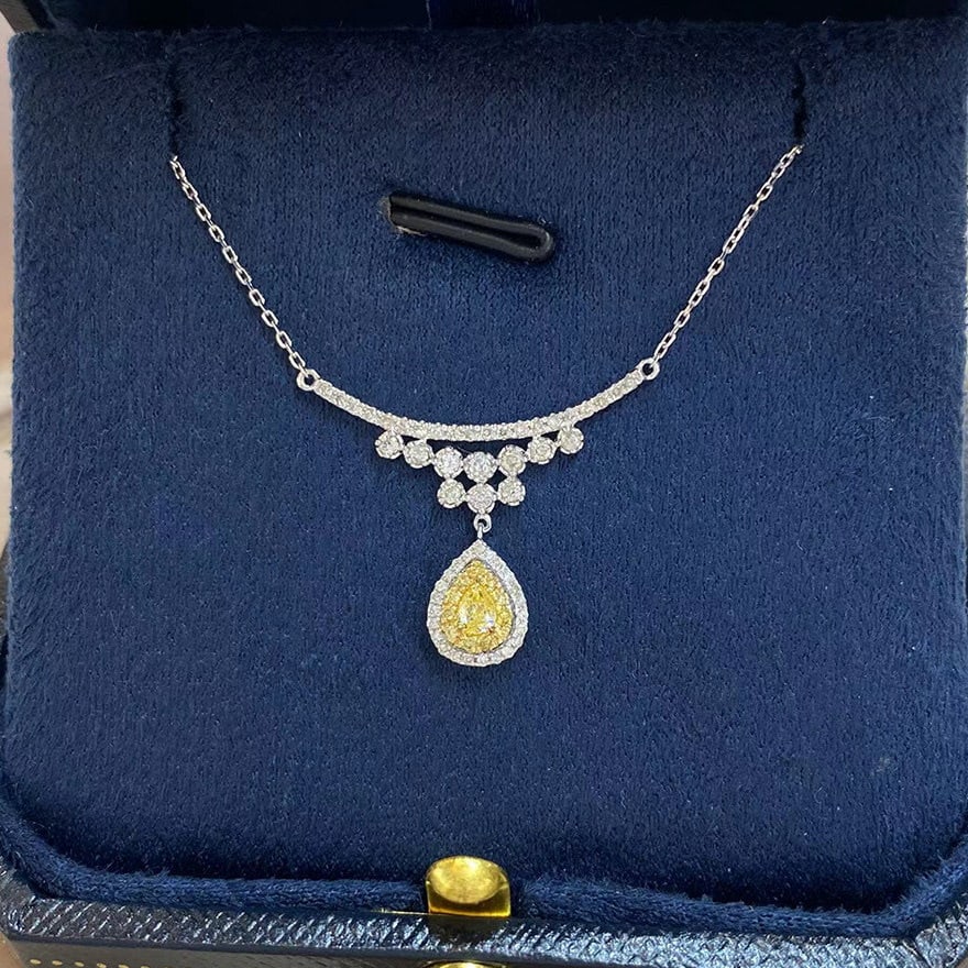 14k Gold 0.38 Ctw Natural Yellow Diamond & Diamond Necklace: Ref:231140084 // gold content:14k gold // main gemstone:yellow diamond // shape:pear // carat weight:0. 10ct // color:yellow // treatment:natural // // adjacent gemstone 2 : diamond // shape:round