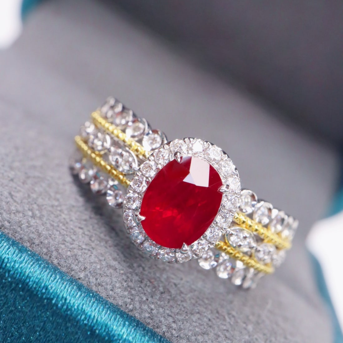 14k Gold 1.46 Ctw Vivid Red Natural Ruby & Diamond Ring: Ref:231140088 // gold content:14k gold // ring size:7. 25us // // main gemstone:ruby // shape:oval // carat weight:1. 16ct // color:vivid red // treatment:natural // // adjacent gemstone 2 : diamond /