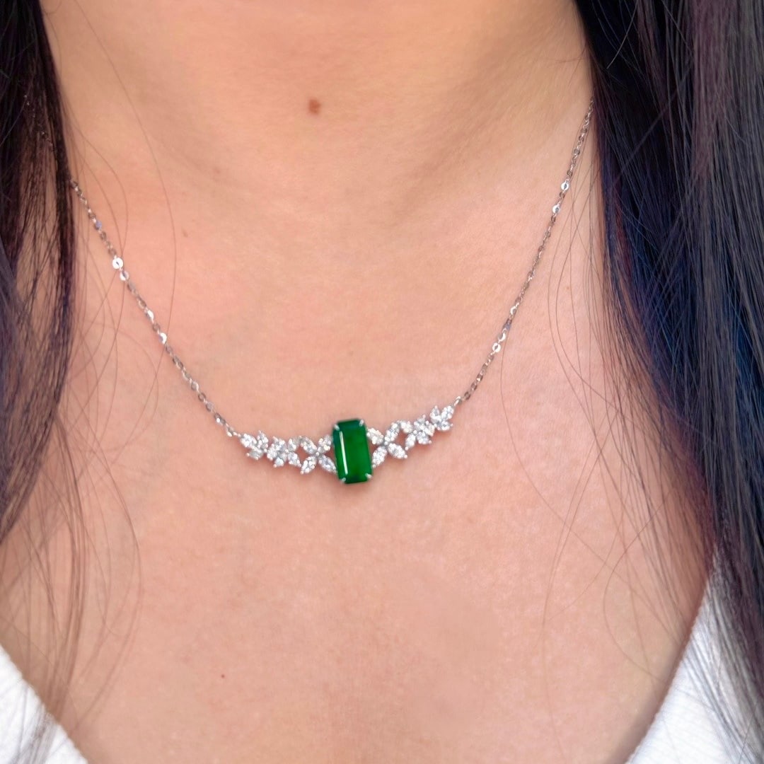 14k Gold 3.03 Ctw Vivid Green Natural Emerald & Diamond Necklace - 7