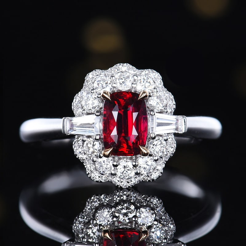 14k Gold 1.36 Ctw Natural Ruby & Diamond Ring: Ref:231140121 // gold content:14k gold // ring size:7. 25us // // main gemstone:ruby // shape:cushion // carat weight:0. 97ct // color:red // treatment:natural // // adjacent gemstone 2 : diamond // n