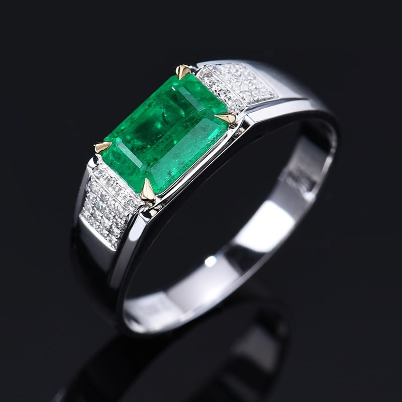 14k Gold 1.66 Ctw Vivid Green Natural Emerald & Diamond & Men¡¯s Ring - 2