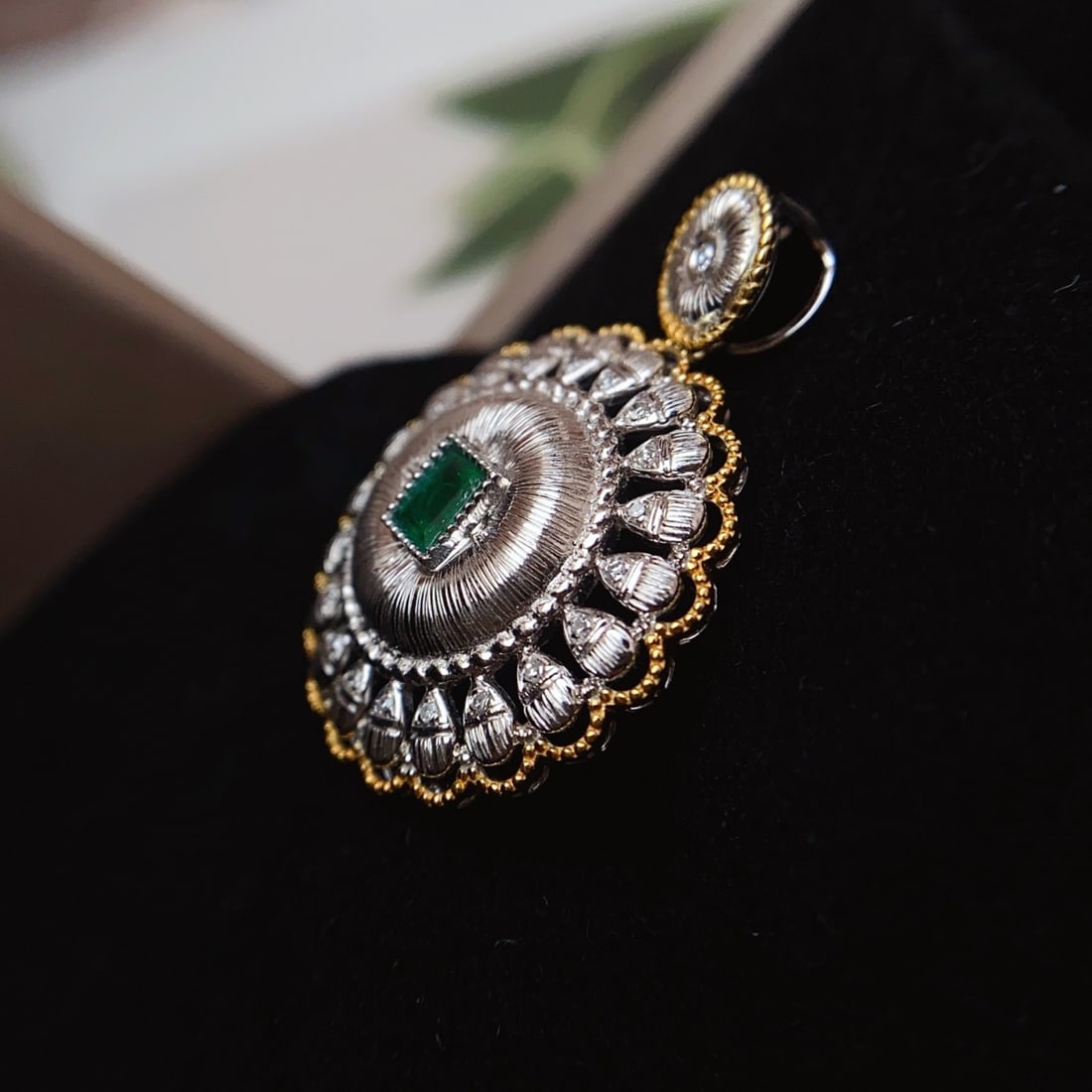 14k Gold 0.28 Ct Natural Emerald & Diamond Pendant( Without Chain ) - 3