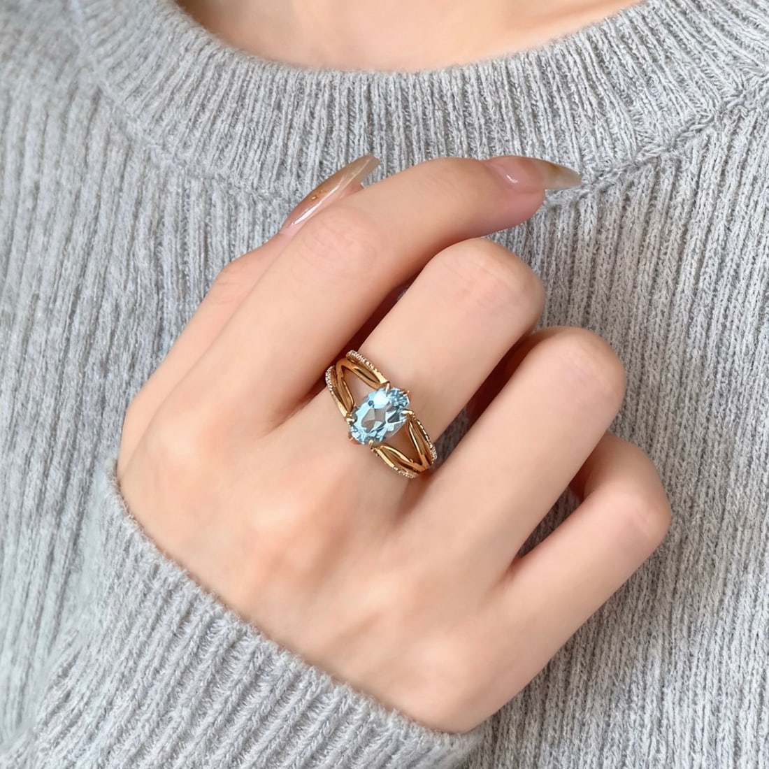 14k Gold 1.20 Ct Natural Aquamarine & Diamond Ring - 3