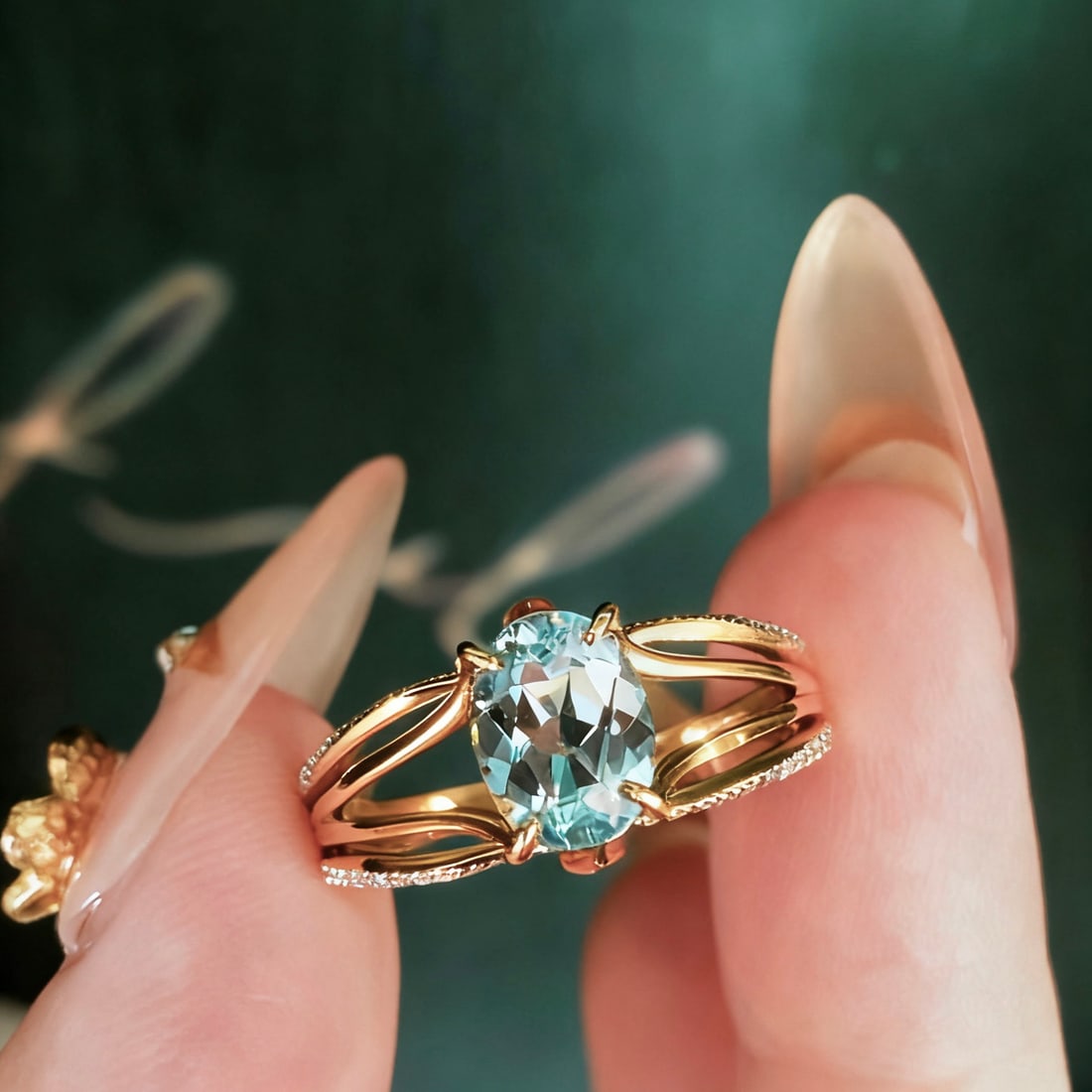 14k Gold 1.20 Ct Natural Aquamarine & Diamond Ring - 4