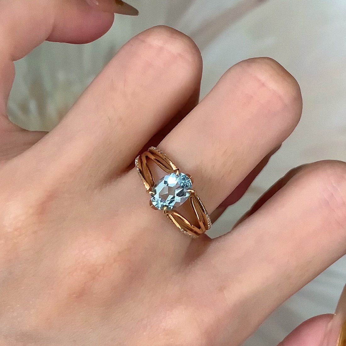 14k Gold 1.20 Ct Natural Aquamarine & Diamond Ring - 5