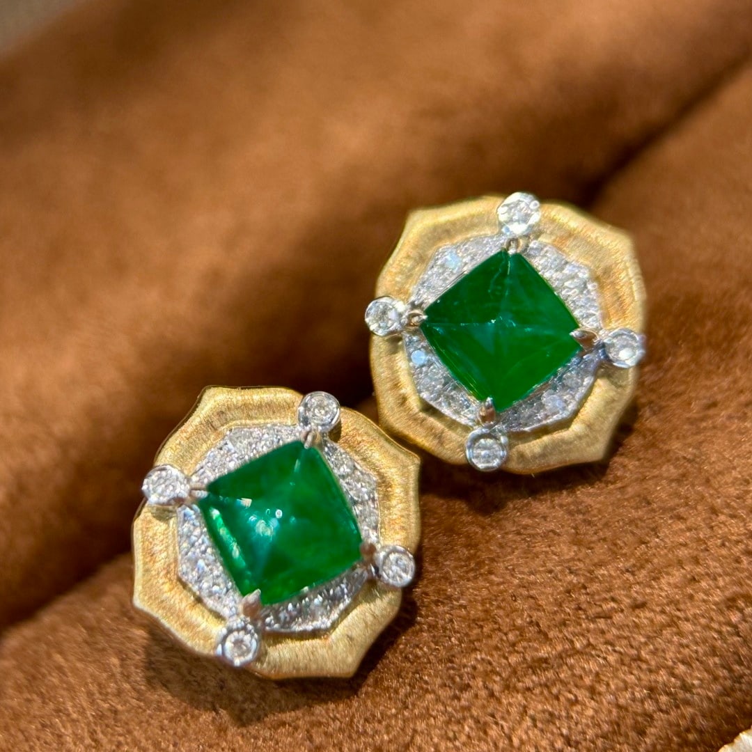 14k Gold 1.50 Ct Vivid Green Natural Emerald & Diamond Earrings - 3