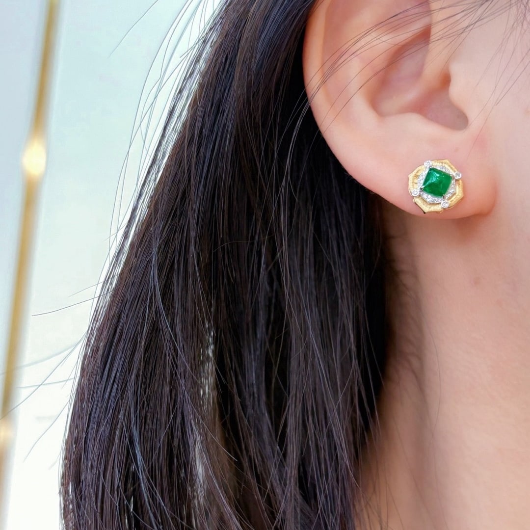 14k Gold 1.50 Ct Vivid Green Natural Emerald & Diamond Earrings - 5