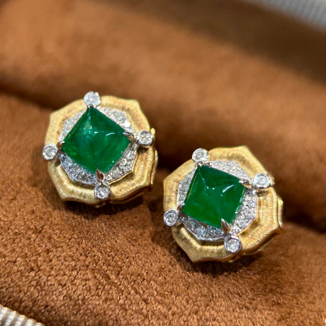 14k Gold 1.50 Ct Vivid Green Natural Emerald & Diamond Earrings - 6