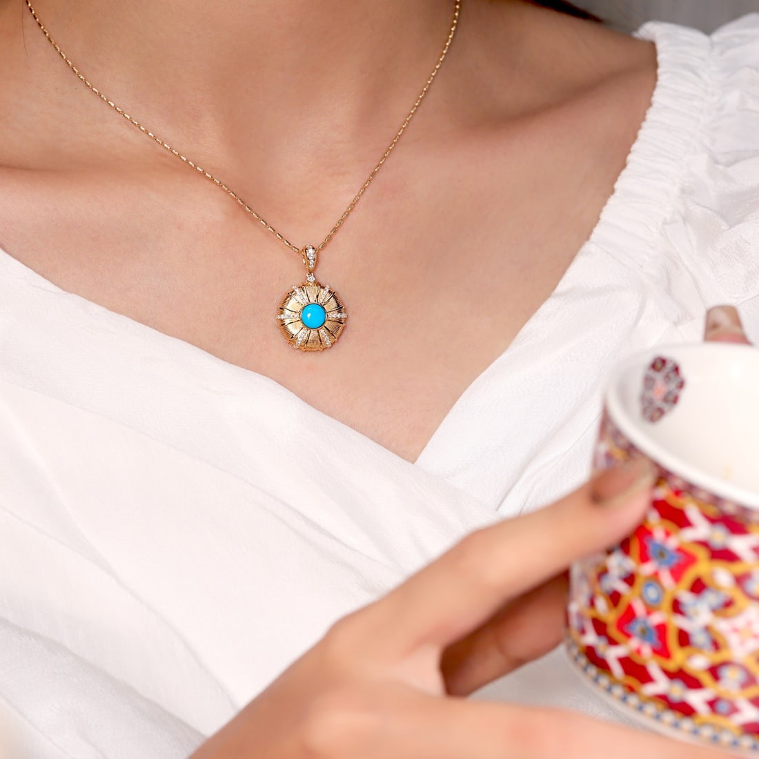 14k Gold 1.04 Ctw Natural Blue Turquoise & Diamond Pendant( Without Chain ) - 2