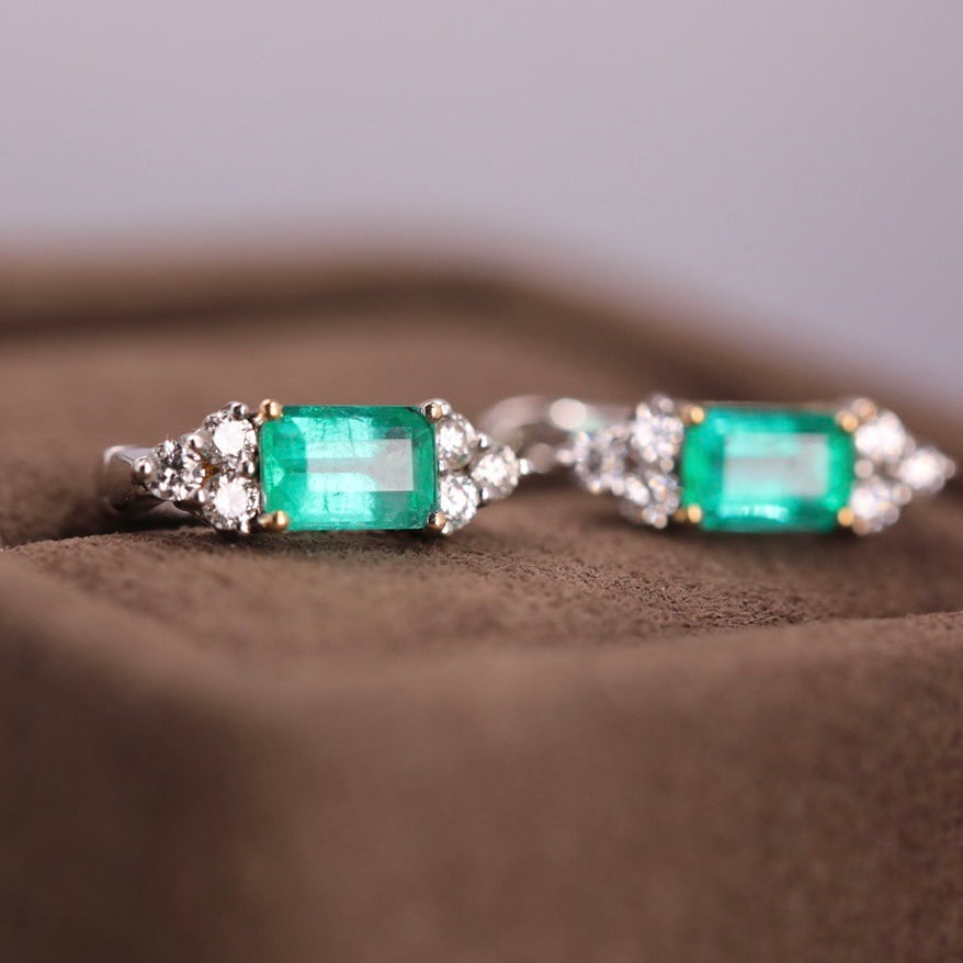 14k Gold 1.23 Ct Natural Emerald & Diamond Earrings - 3