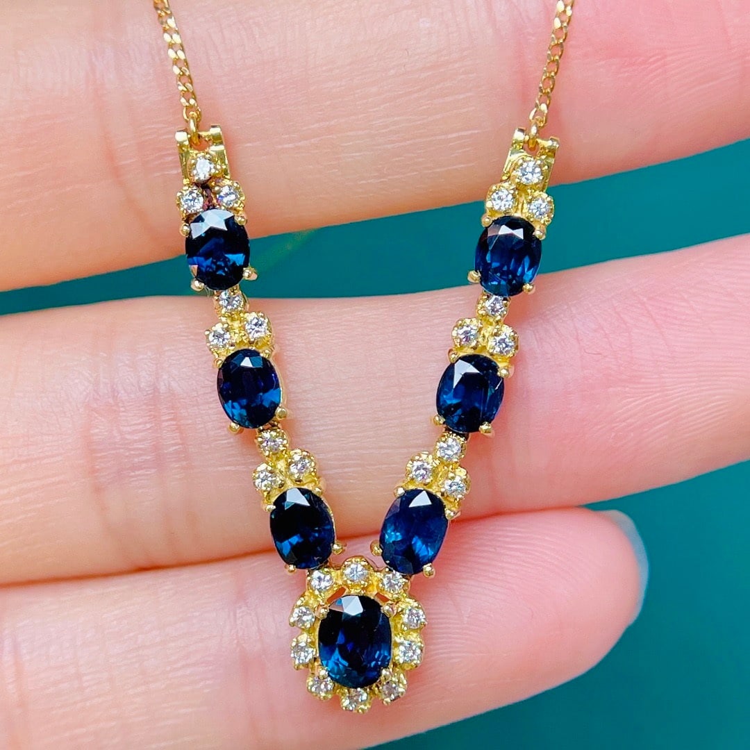 14k Gold 3.20 Ctw Natural Sapphire & Diamond Necklace - 3