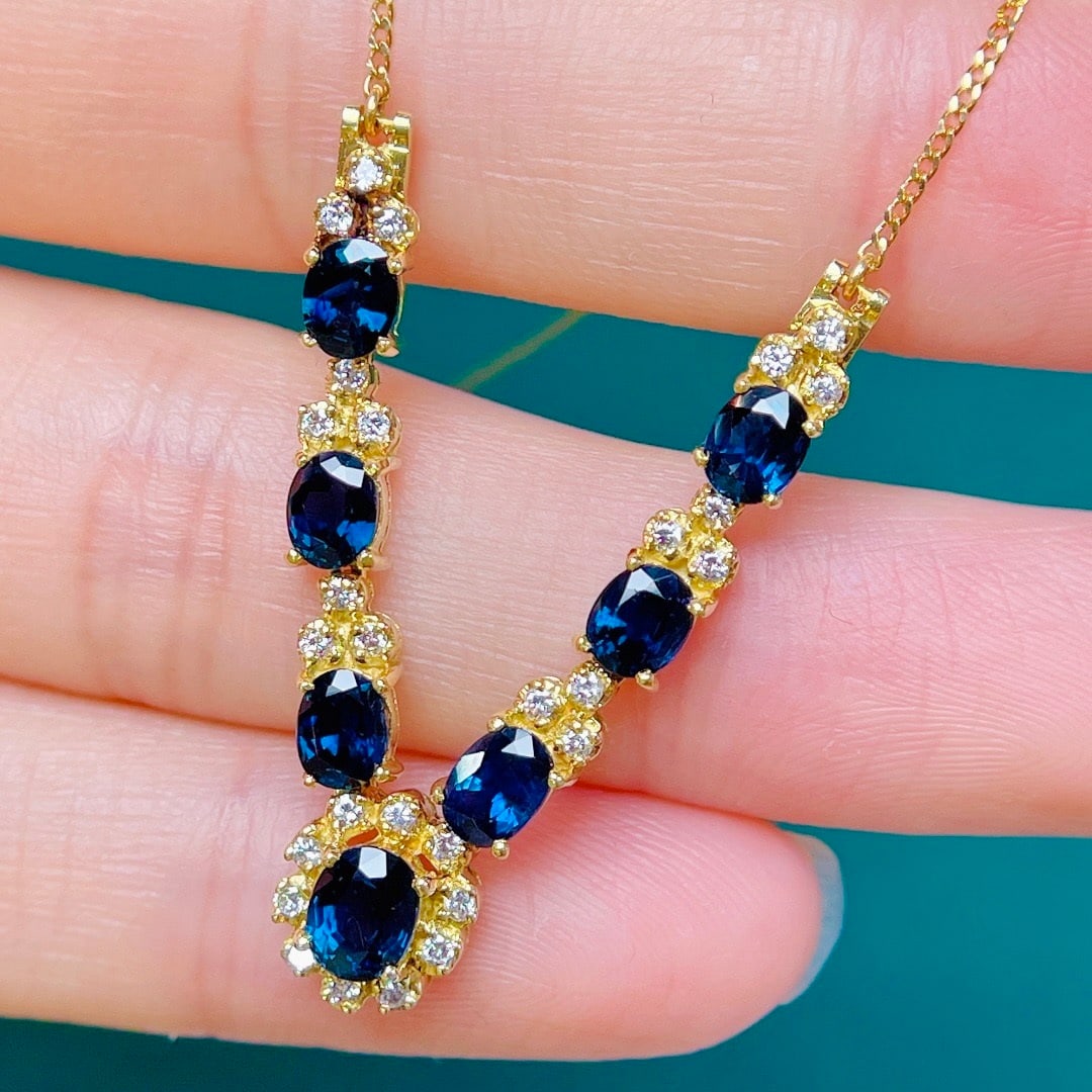 14k Gold 3.20 Ctw Natural Sapphire & Diamond Necklace - 4
