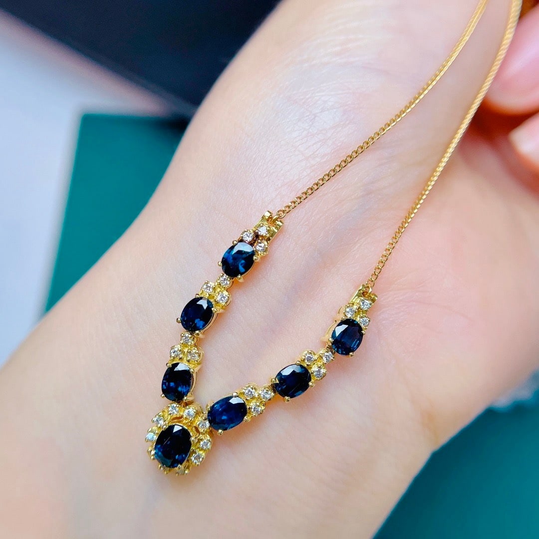 14k Gold 3.20 Ctw Natural Sapphire & Diamond Necklace - 5