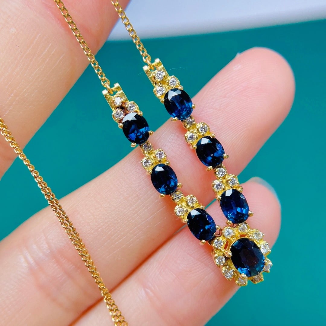 14k Gold 3.20 Ctw Natural Sapphire & Diamond Necklace - 6