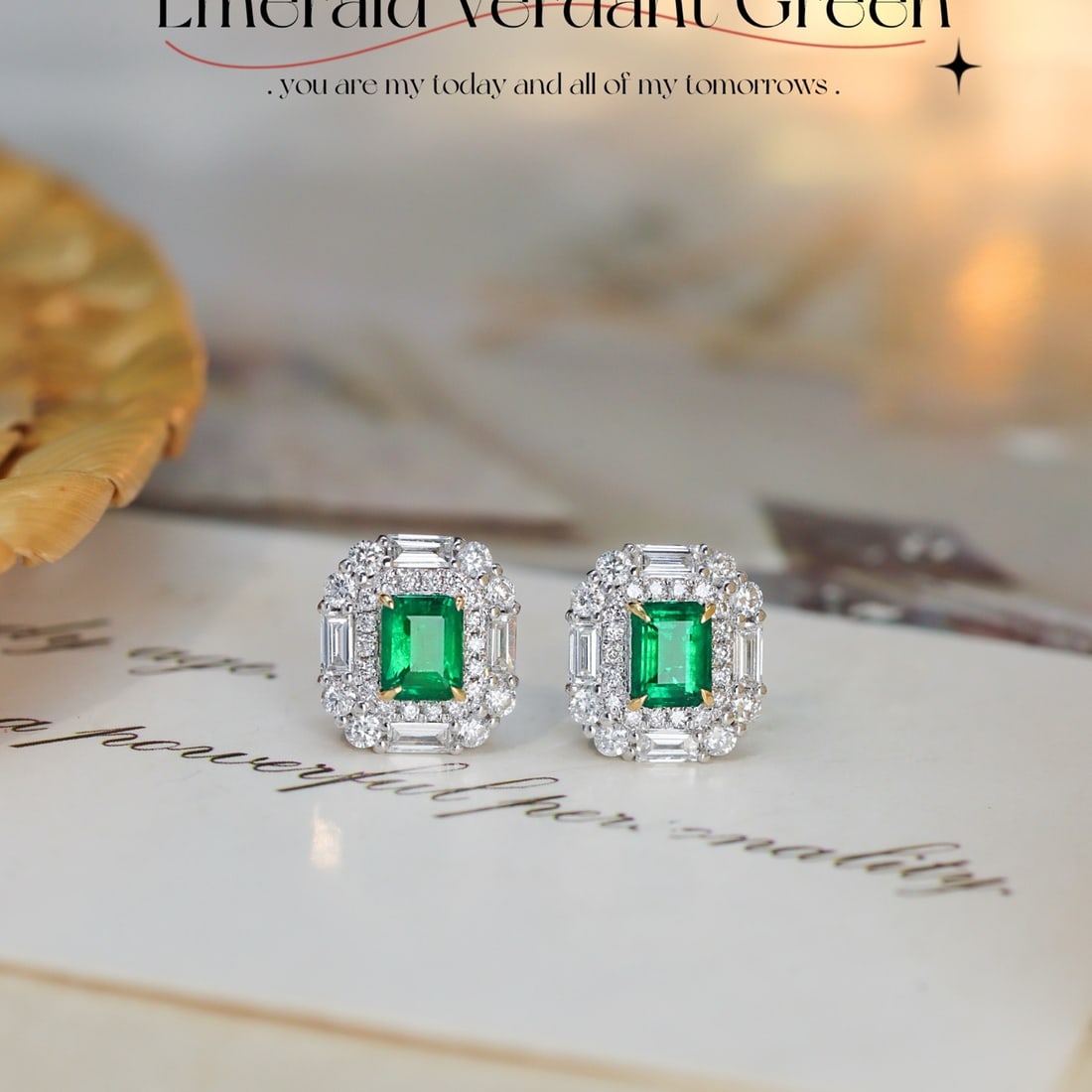 14k Gold 1.24 Ctw Vivid Green Natural Emerald & Diamond Earrings: Ref:231140186 // gold content:14k gold // main gemstone:emerald // shape:octagonal // carat weight:0. 62ct // color:vivid green // treatment:natural // // adjacent gemstone 2 : diamond //