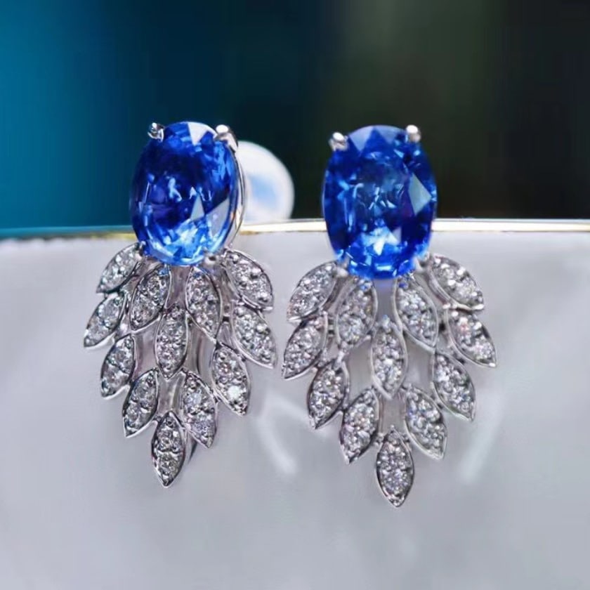 14k Gold 2 Ct Natural Sapphire & Diamond Earrings - 4
