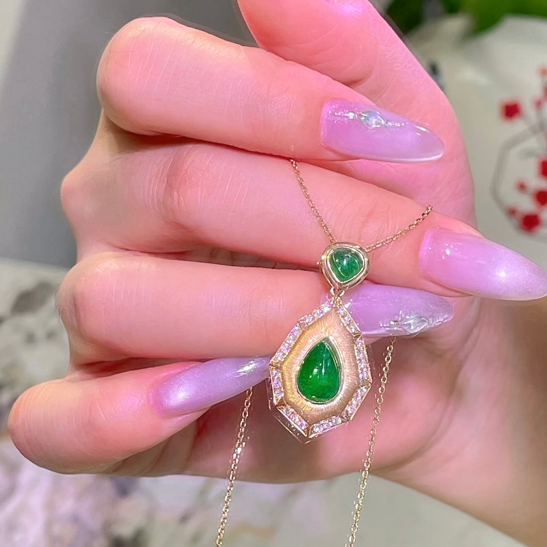 14k Gold 2.99 Ctw Natural Emerald & Diamond Pendant( Without Chain ) - 3