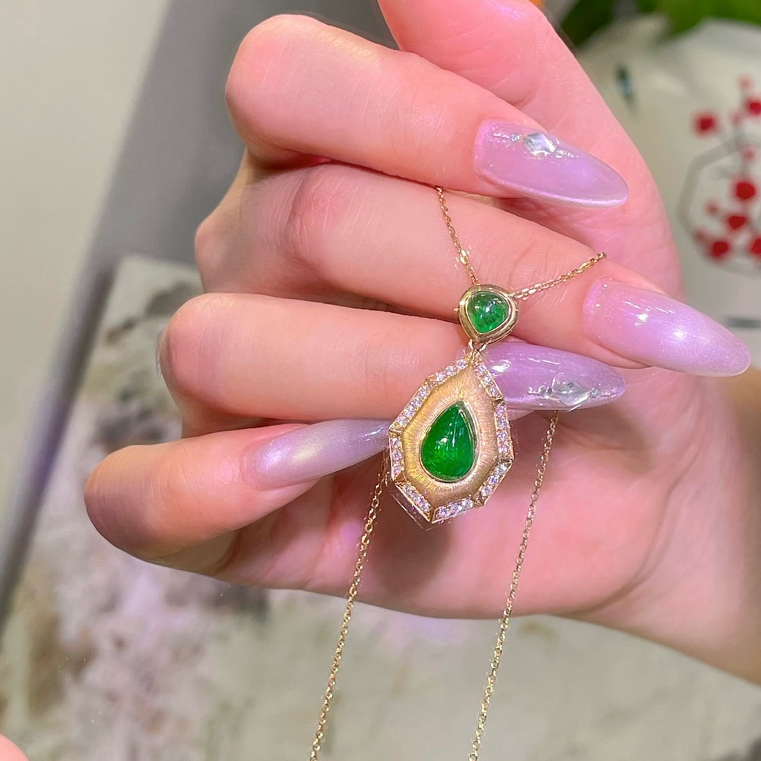 14k Gold 2.99 Ctw Natural Emerald & Diamond Pendant( Without Chain ) - 5