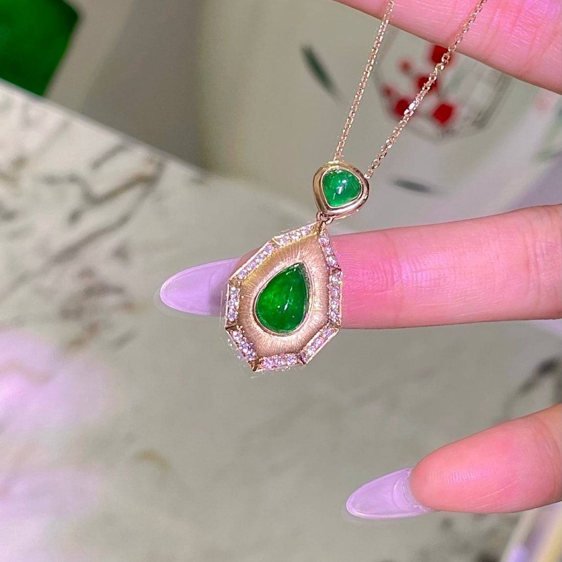 14k Gold 2.99 Ctw Natural Emerald & Diamond Pendant( Without Chain ) - 6