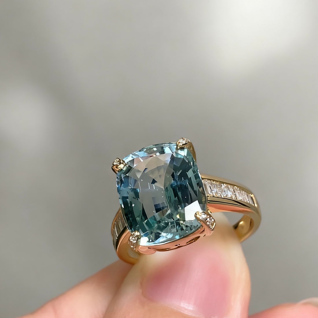 14k Gold 4.60 Ct Natural Aquamarine & Diamond Ring - 4