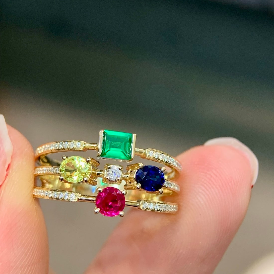 14k Gold 1.14 Ctw Natural Sapphire & Emerald & Ruby & Diamond Ring: Ref:231140212 // gold content:14k gold // ring size:7. 25us // // main gemstone:sapphire & emerald & ruby // shape:multiple // carat weight:1ct // color:color // treatment:natural // // adjacent