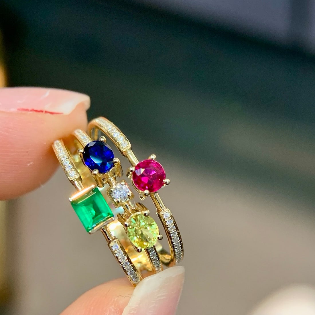 14k Gold 1.14 Ctw Natural Sapphire & Emerald & Ruby & Diamond Ring - 2