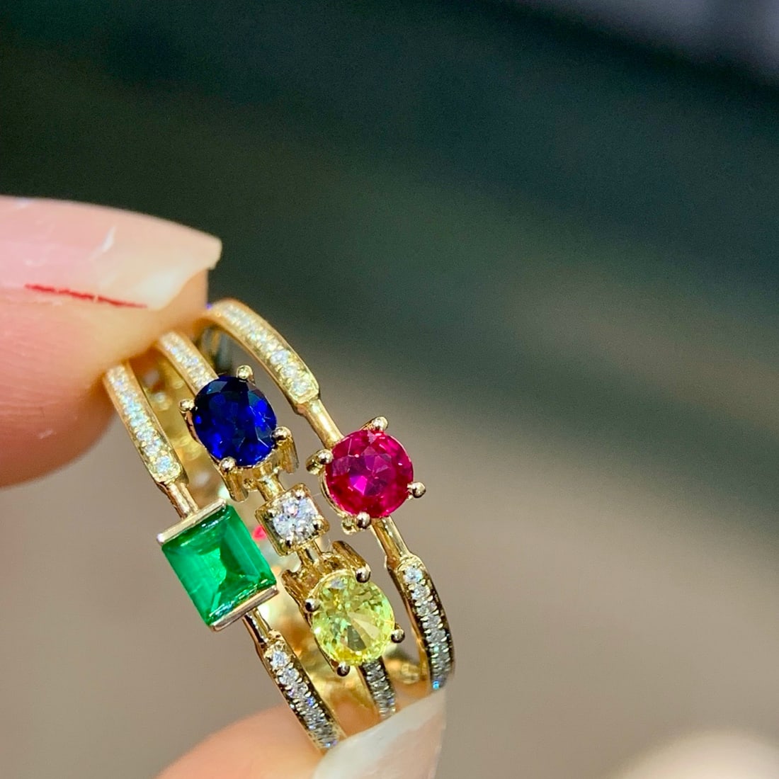 14k Gold 1.14 Ctw Natural Sapphire & Emerald & Ruby & Diamond Ring - 3