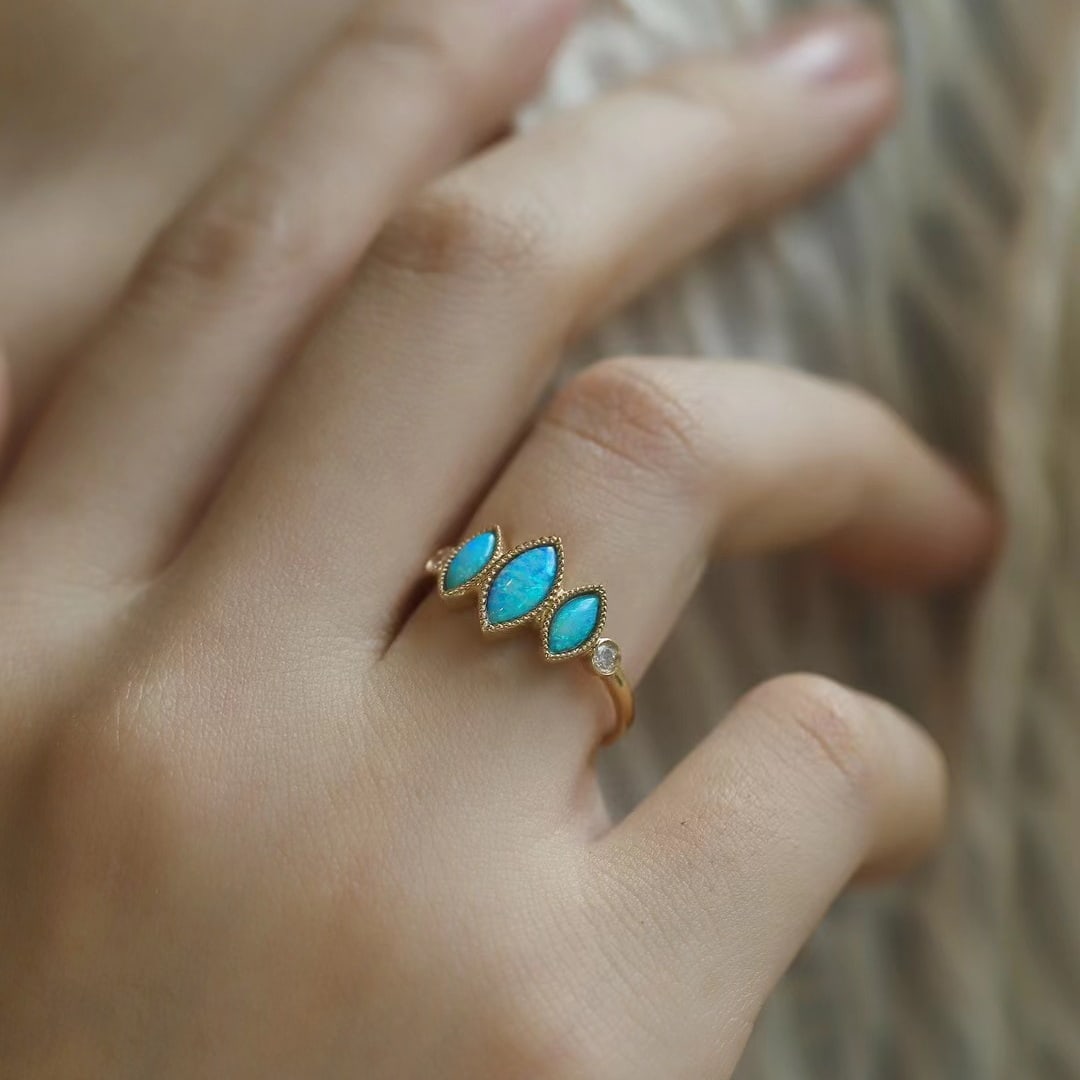 14k Gold 0.66 Ctw Natural Opal & Diamond Ring - 2