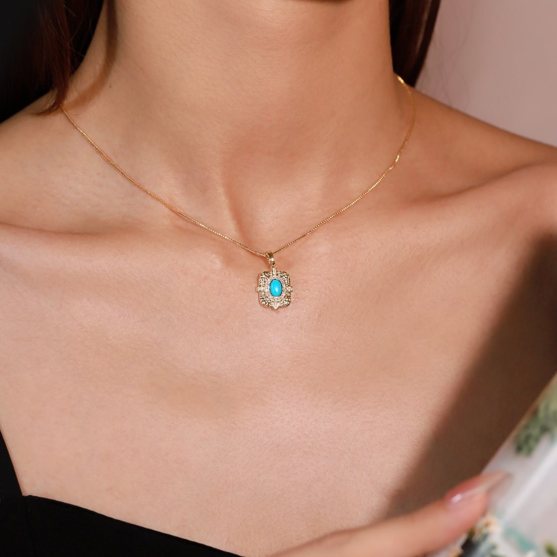 14k Gold 0.58 Ctw Natural Blue Turquoise & Diamond Pendant( Without Chain ) - 3