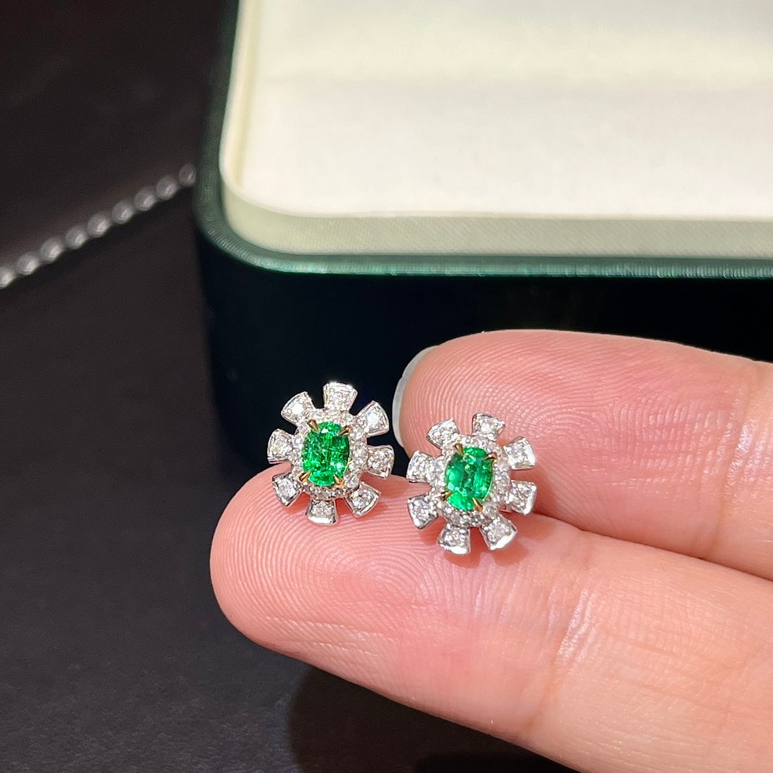 14k Gold 0.66 Ctw Natural Emerald & Diamond Earrings - 4
