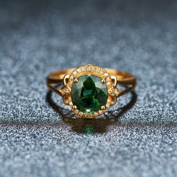 14k Gold 2.8 Ct Natural Tourmaline & Diamond Ring: Ref:231140237 // gold content:14k gold // ring size:7. 25us // // main gemstone:tourmaline // shape:oval // carat weight:2. 8ct // color:green // treatment:natural // // adjacent gemstone 2 :