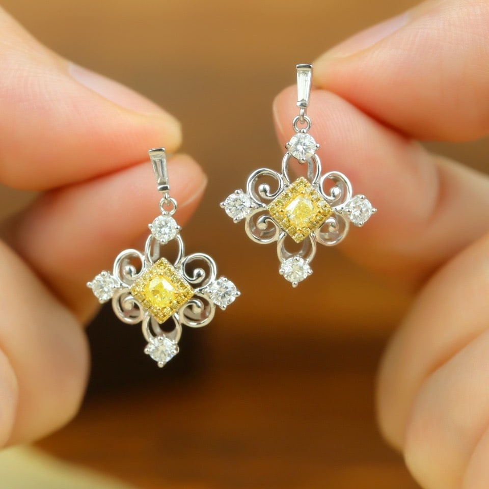 14k Gold 0.87 Ctw Natural Yellow Diamond & Diamond Earrings - 2