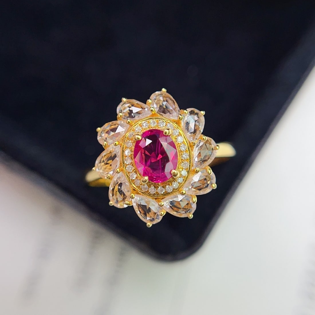 14k Gold 0.82 Ct Natural Ruby & Diamond & Sapphire Ring: Ref:231140251 // gold content:14k gold // ring size:7. 25us // // main gemstone:ruby // shape:oval // carat weight:0. 82ct // color:red // treatment:natural // // adjacent gemstone 2 : diamond //