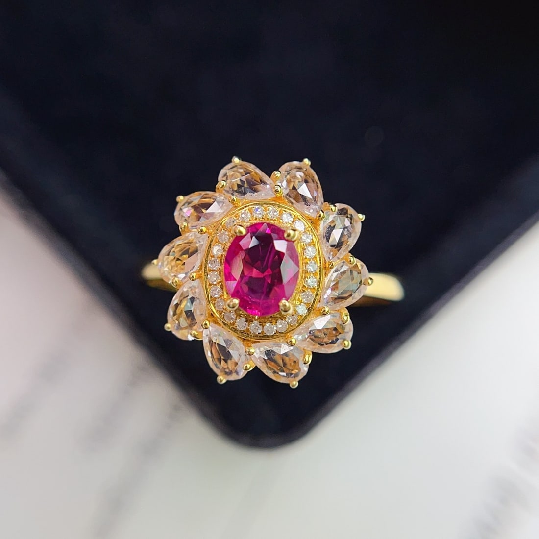 14k Gold 0.82 Ct Natural Ruby & Diamond & Sapphire Ring - 2