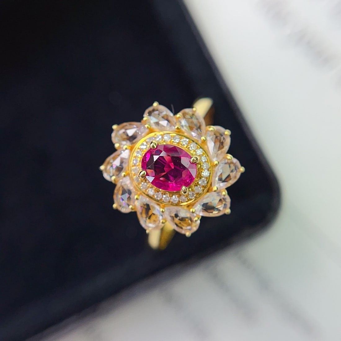 14k Gold 0.82 Ct Natural Ruby & Diamond & Sapphire Ring - 4
