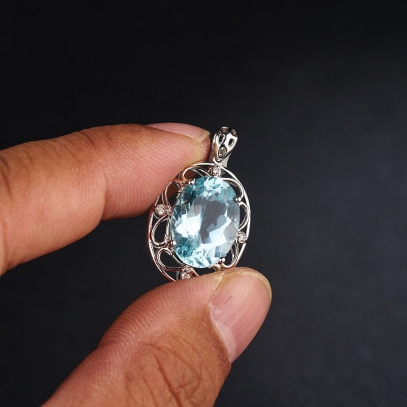 14k Gold 5.57 Ct Natural Aquamarine & Diamond Pendant( Without Chain ) - 8