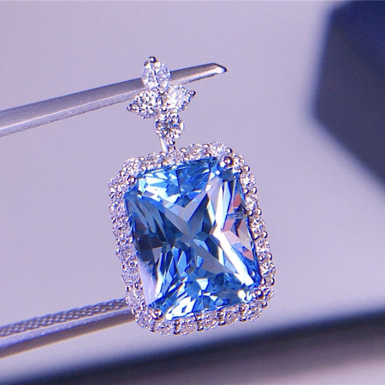 14k Gold 2.91 Ct Natural Aquamarine & Diamond Pendant( Without Chain ) - 2