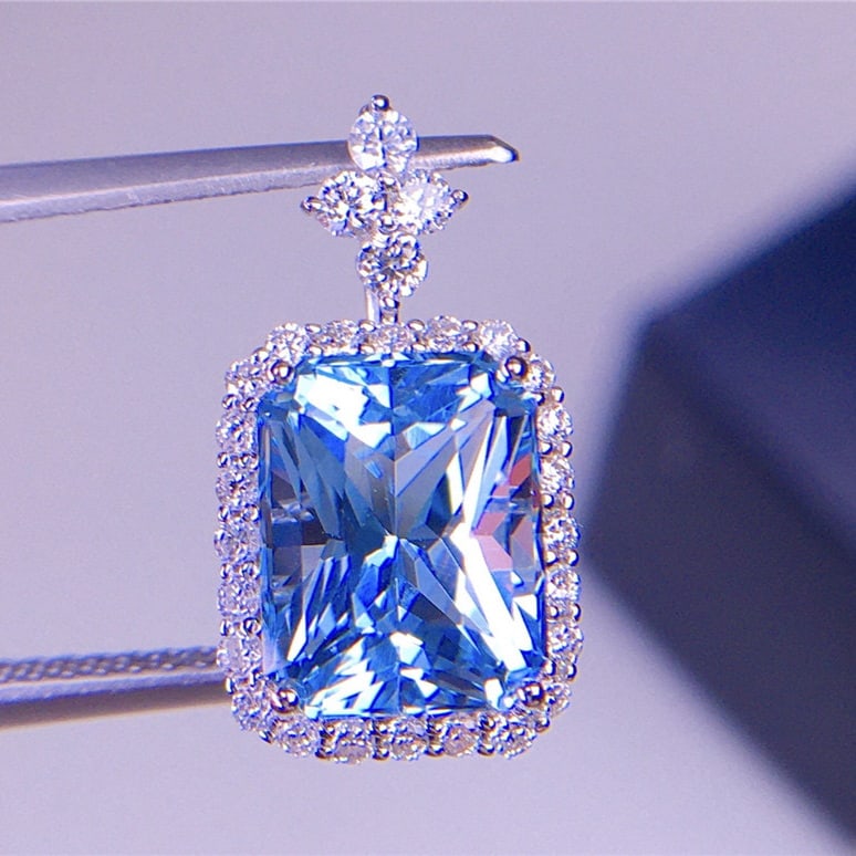 14k Gold 2.91 Ct Natural Aquamarine & Diamond Pendant( Without Chain ) - 3