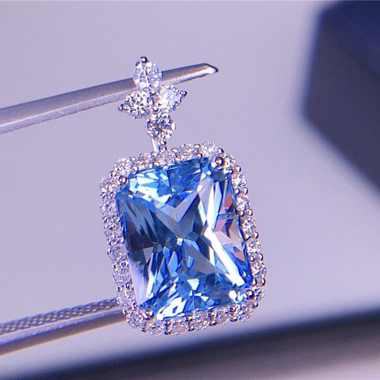 14k Gold 2.91 Ct Natural Aquamarine & Diamond Pendant( Without Chain ) - 4